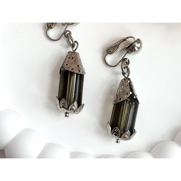 Silver Toned Silver Cylinder Rhinestone Vintage Clip On Dangle Earrings - Picture 2 of 10